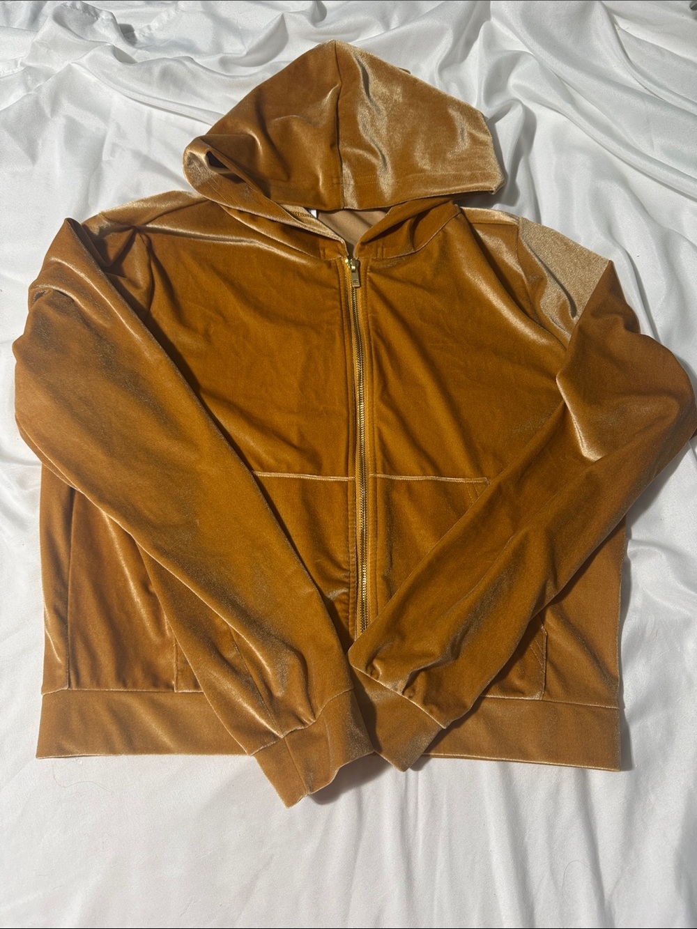 Fabletics Hoodie Medium Golden Brown Velour Cropped Zip Up Jacket Athleisure